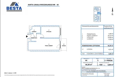 Rzut - Mieszkanie na sprzedaż 2 pokoje o powierzchni 44,39 m² - numer 44 w Dworzysko Park - Etap III