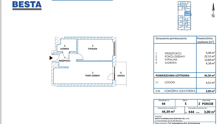 Rzut - Mieszkanie na sprzedaż 2 pokoje o powierzchni 44,39 m² - numer 44 w Dworzysko Park - Etap III