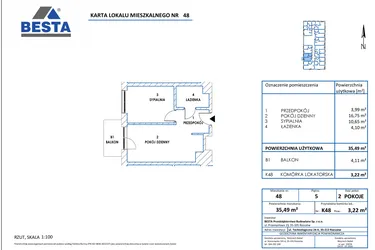 Rzut - Mieszkanie na sprzedaż 2 pokoje o powierzchni 35,49 m² - numer 48 w Dworzysko Park - Etap III