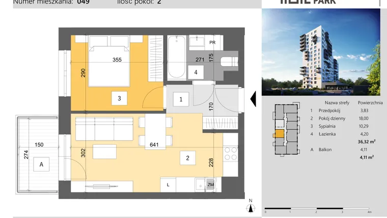 Rzut - Mieszkanie na sprzedaż 2 pokoje o powierzchni 36,32 m² - numer 49 w Dworzysko Park - Etap III