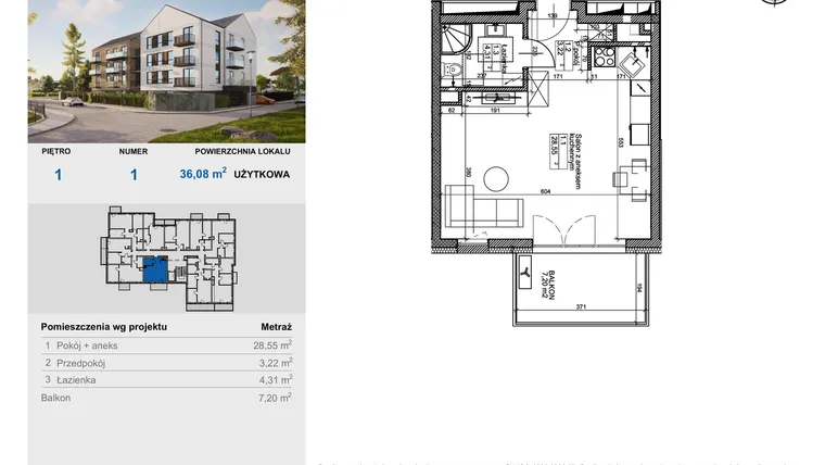 Rzut - Mieszkanie na sprzedaż 1 pokój o powierzchni 36,08 m² - numer 1 w Balantia