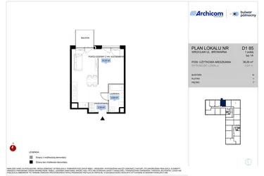 Rzut - Mieszkanie na sprzedaż 1 pokój o powierzchni 38,26 m² - numer D1.85 w Bulwar Północny