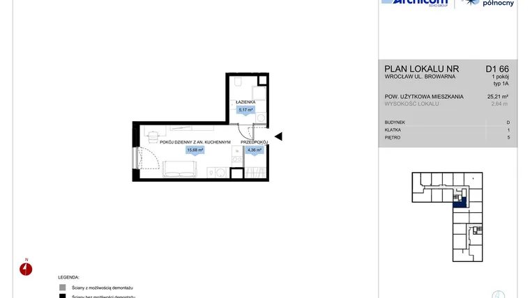 Rzut - Mieszkanie na sprzedaż 1 pokój o powierzchni 25,21 m² - numer D1.66 w Bulwar Północny