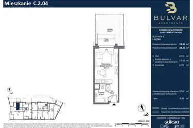 Rzut - Mieszkanie na sprzedaż 1 pokój o powierzchni 28,26 m² - numer C.2.04 w Bulvar Apartments - etap II