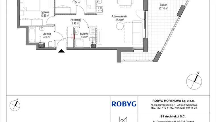 Rzut - Mieszkanie na sprzedaż 3 pokoje o powierzchni 68,04 m² - numer C.1M01 w Leszczyńskich 2