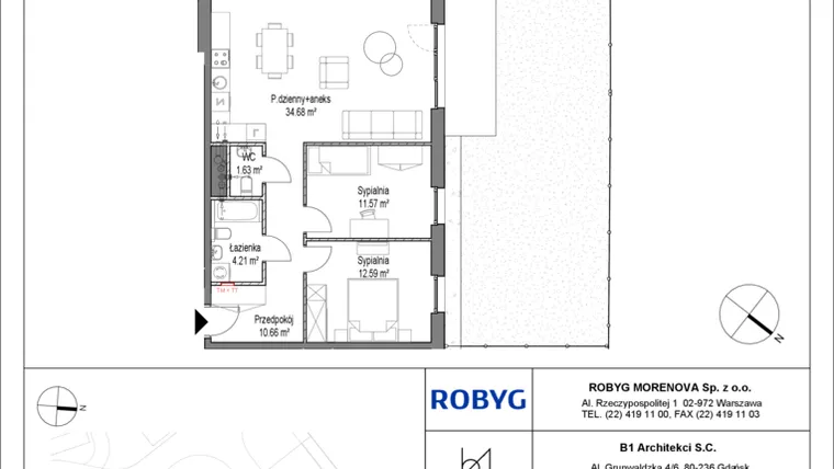Rzut - Mieszkanie na sprzedaż 3 pokoje o powierzchni 75,34 m² - numer B.0M02 w Leszczyńskich 2