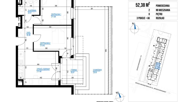 Rzut - Mieszkanie na sprzedaż 3 pokoje o powierzchni 52,38 m² - numer 2 w Vieniava edycja druga