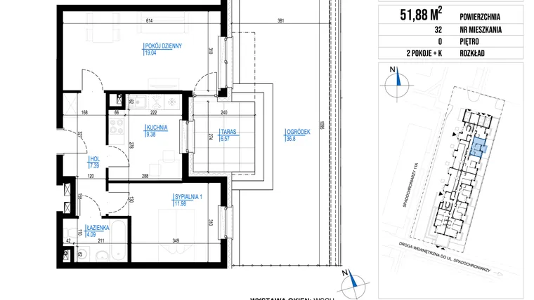 Rzut - Mieszkanie na sprzedaż 2 pokoje o powierzchni 51,88 m² - numer 32 w Vieniava edycja druga