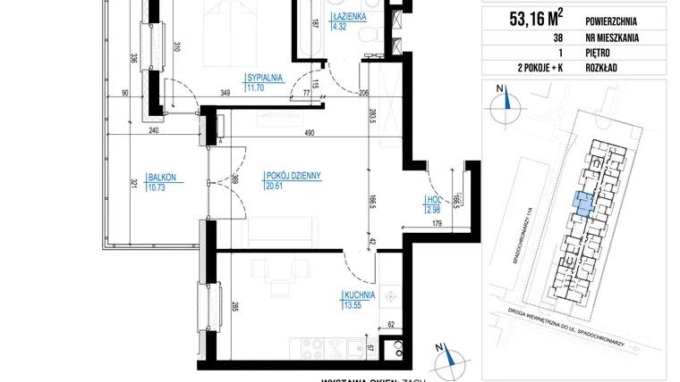 Rzut - Mieszkanie na sprzedaż 2 pokoje o powierzchni 53,16 m² - numer 38 w Vieniava edycja druga