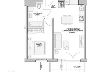 Rzut - Mieszkanie na sprzedaż 2 pokoje o powierzchni 44,01 m² - numer WO/P33/11 w Wiszące Ogrody