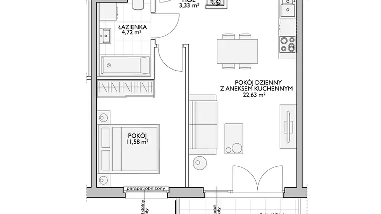 Rzut - Mieszkanie na sprzedaż 2 pokoje o powierzchni 44,01 m² - numer WO/P33/11 w Wiszące Ogrody