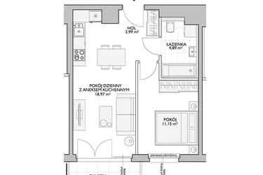 Rzut - Mieszkanie na sprzedaż 2 pokoje o powierzchni 40,15 m² - numer WO/P33/12 w Wiszące Ogrody