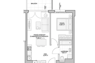Rzut - Mieszkanie na sprzedaż 2 pokoje o powierzchni 39,72 m² - numer WO/P33/17 w Wiszące Ogrody