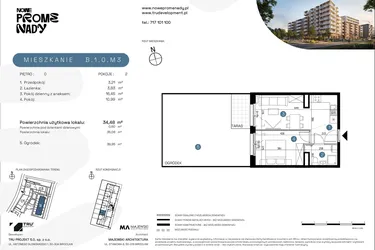 Rzut - Mieszkanie na sprzedaż 2 pokoje o powierzchni 34,48 m² - numer B.1.0.M3 w Nowe Promenady etap II