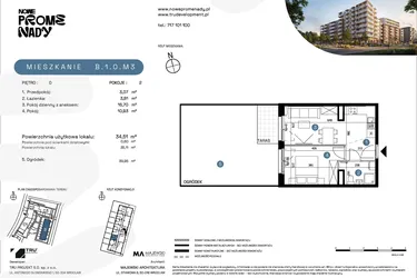Rzut - Mieszkanie na sprzedaż 2 pokoje o powierzchni 34,51 m² - numer B.1.0.M3 w Nowe Promenady etap II