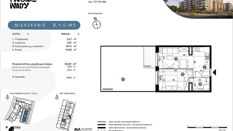 Rzut - Mieszkanie na sprzedaż 2 pokoje o powierzchni 34,51 m² - numer B.1.0.M3 w Nowe Promenady etap II