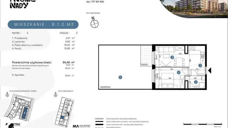 Rzut - Mieszkanie na sprzedaż 2 pokoje o powierzchni 34,48 m² - numer B.1.0.M3 w Nowe Promenady etap II