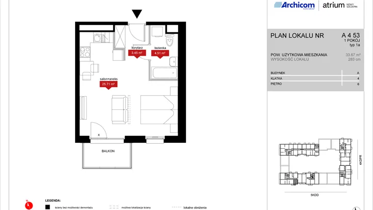 Rzut - Mieszkanie na sprzedaż 1 pokój o powierzchni 33,67 m² - numer A4 53 w Atrium - Nowy Szczepin