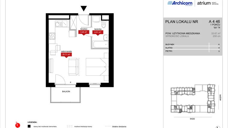 Rzut - Mieszkanie na sprzedaż 1 pokój o powierzchni 33,67 m² - numer A4 46 w Atrium - Nowy Szczepin