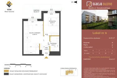 Rzut - Mieszkanie na sprzedaż 2 pokoje o powierzchni 44,34 m² - numer 6 w Stacja Błonie etap II