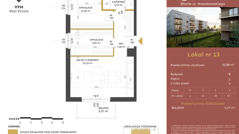 Rzut - Mieszkanie na sprzedaż 3 pokoje o powierzchni 55,88 m² - numer 13 w Stacja Błonie etap II