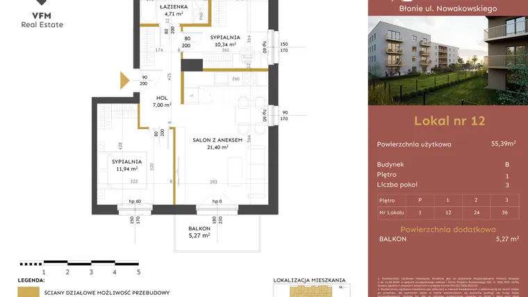 Rzut - Mieszkanie na sprzedaż 3 pokoje o powierzchni 55,39 m² - numer 12 w Stacja Błonie etap II