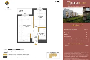 Rzut - Mieszkanie na sprzedaż 2 pokoje o powierzchni 44,34 m² - numer 17 w Stacja Błonie etap II
