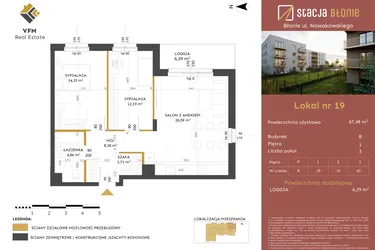 Rzut - Mieszkanie na sprzedaż 3 pokoje o powierzchni 67,48 m² - numer 19 w Stacja Błonie etap II