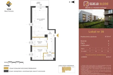 Rzut - Mieszkanie na sprzedaż 3 pokoje o powierzchni 67,34 m² - numer 38 w Stacja Błonie etap II