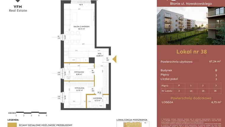 Rzut - Mieszkanie na sprzedaż 3 pokoje o powierzchni 67,34 m² - numer 38 w Stacja Błonie etap II