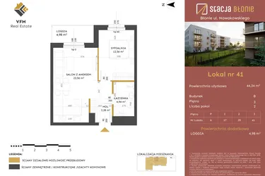 Rzut - Mieszkanie na sprzedaż 2 pokoje o powierzchni 44,34 m² - numer 41 w Stacja Błonie etap II