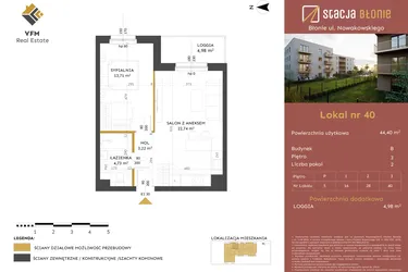 Rzut - Mieszkanie na sprzedaż 2 pokoje o powierzchni 44,4 m² - numer 40 w Stacja Błonie etap II