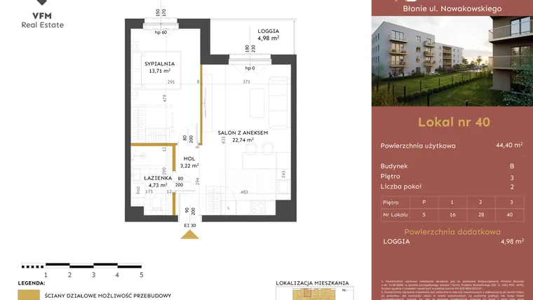 Rzut - Mieszkanie na sprzedaż 2 pokoje o powierzchni 44,4 m² - numer 40 w Stacja Błonie etap II