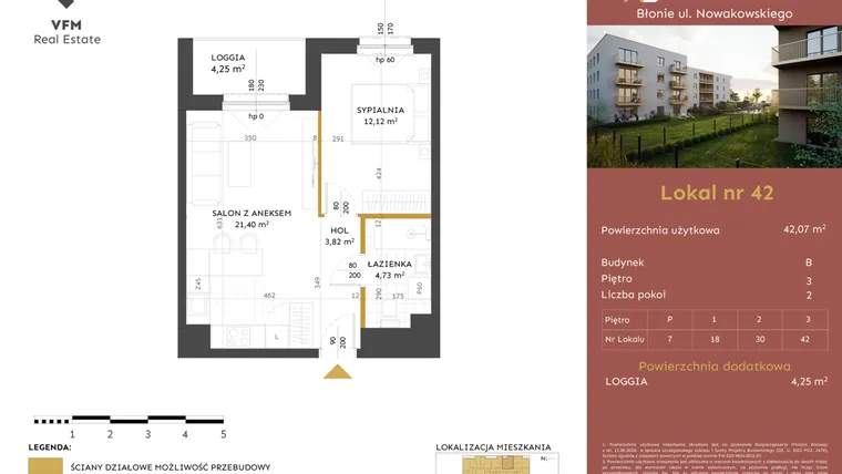 Rzut - Mieszkanie na sprzedaż 2 pokoje o powierzchni 42,07 m² - numer 42 w Stacja Błonie etap II