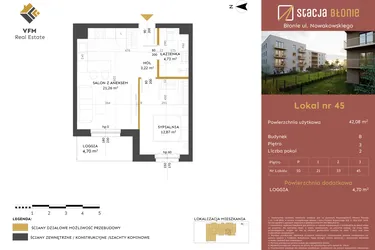 Rzut - Mieszkanie na sprzedaż 2 pokoje o powierzchni 42,08 m² - numer 45 w Stacja Błonie etap II