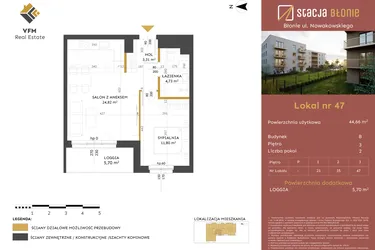 Rzut - Mieszkanie na sprzedaż 2 pokoje o powierzchni 44,66 m² - numer 47 w Stacja Błonie etap II