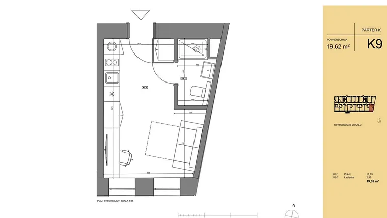 Rzut - Mieszkanie na sprzedaż 1 pokój o powierzchni 19,82 m² - numer K9 w Rezydencja San Petrus