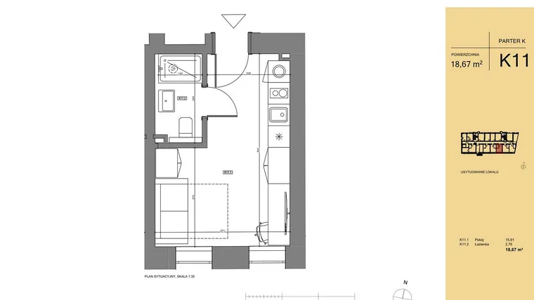 Rzut - Mieszkanie na sprzedaż 1 pokój o powierzchni 19,05 m² - numer K11 w Rezydencja San Petrus