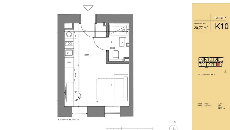 Rzut - Mieszkanie na sprzedaż 1 pokój o powierzchni 21,07 m² - numer K10 w Rezydencja San Petrus
