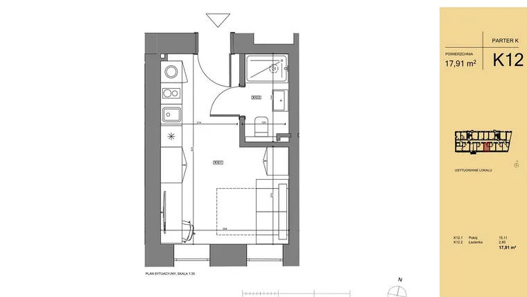 Rzut - Mieszkanie na sprzedaż 1 pokój o powierzchni 18,45 m² - numer K12 w Rezydencja San Petrus