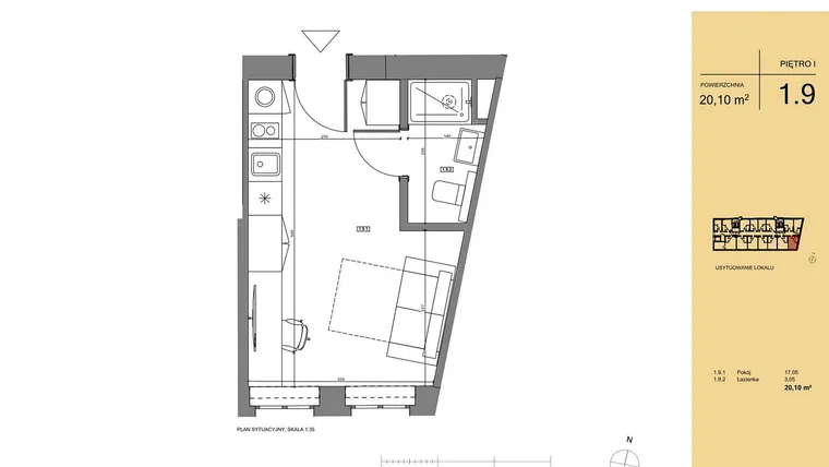 Rzut - Mieszkanie na sprzedaż 1 pokój o powierzchni 20,14 m² - numer 1.9 w Rezydencja San Petrus