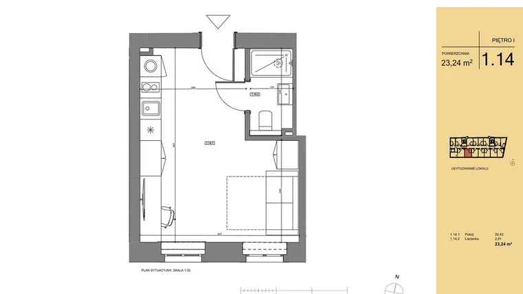 Rzut - Mieszkanie na sprzedaż 1 pokój o powierzchni 23,4 m² - numer 1.14 w Rezydencja San Petrus