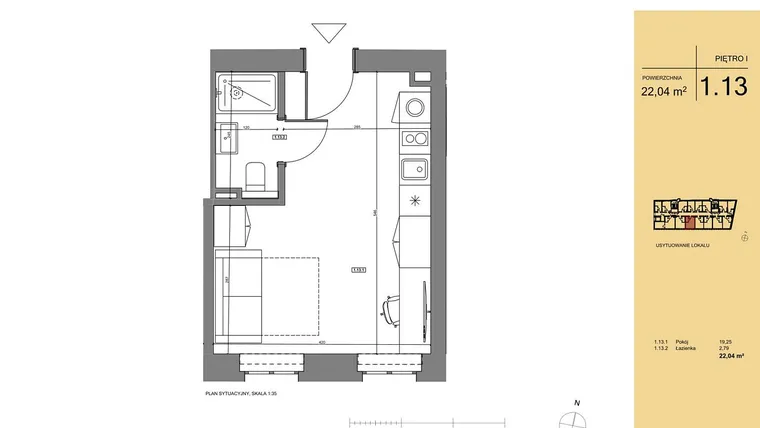 Rzut - Mieszkanie na sprzedaż 1 pokój o powierzchni 22,26 m² - numer 1.13 w Rezydencja San Petrus