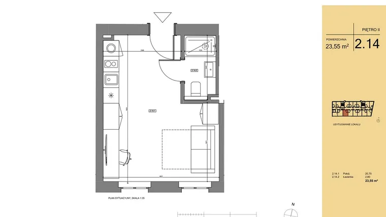 Rzut - Mieszkanie na sprzedaż 1 pokój o powierzchni 23,79 m² - numer 2.14 w Rezydencja San Petrus