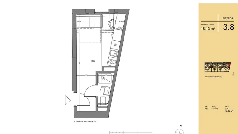 Rzut - Mieszkanie na sprzedaż 1 pokój o powierzchni 16,45 m² - numer 3.8 w Rezydencja San Petrus