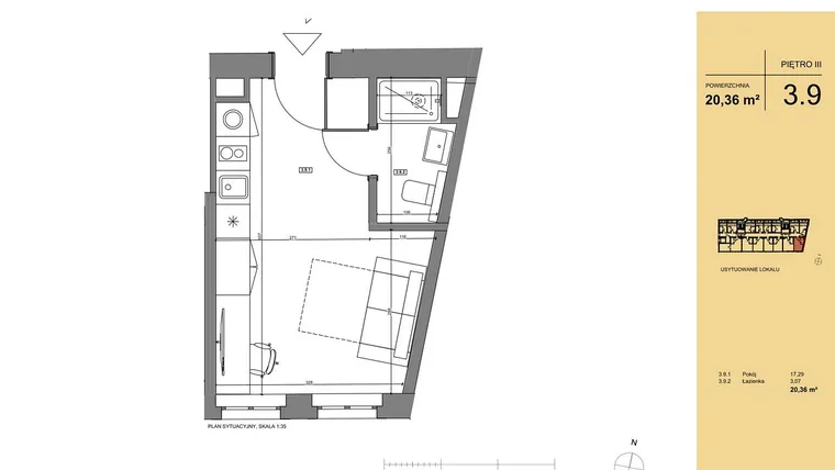 Rzut - Mieszkanie na sprzedaż 1 pokój o powierzchni 20,69 m² - numer 3.9 w Rezydencja San Petrus