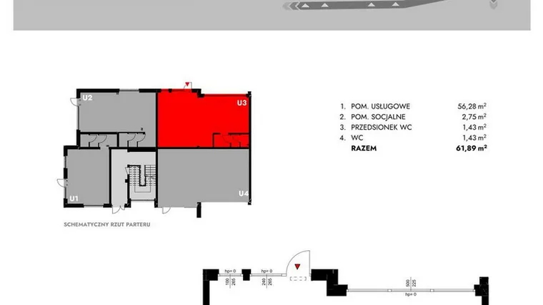 Rzut - Lokal użytkowy na sprzedaż 1 pokój o powierzchni 61,89 m² - numer Z3_U3 w Osiedle Malarska etap IV
