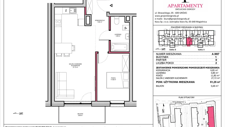 Rzut - Mieszkanie na sprzedaż 2 pokoje o powierzchni 51,25 m² - numer A.07 w Apartamenty Grójeckie Ogrody