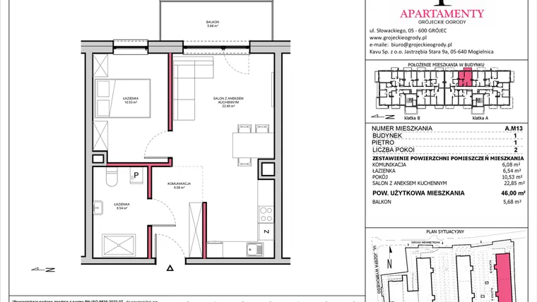 Rzut - Mieszkanie na sprzedaż 2 pokoje o powierzchni 46 m² - numer A.13 w Apartamenty Grójeckie Ogrody