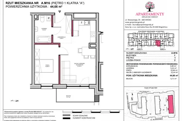 Rzut - Mieszkanie na sprzedaż 2 pokoje o powierzchni 44,66 m² - numer A.16 w Apartamenty Grójeckie Ogrody